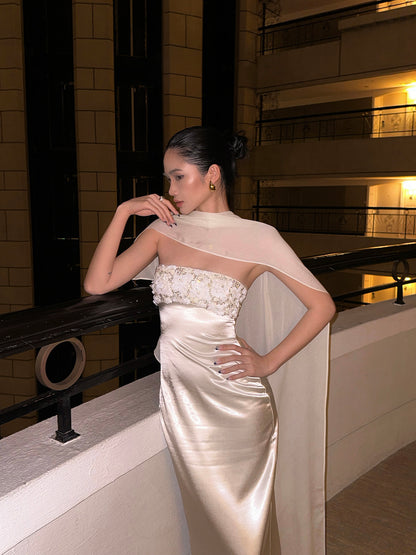 Strapless Sheath Satin Prom Dress with Scarf Formal Evening Dress  P1107