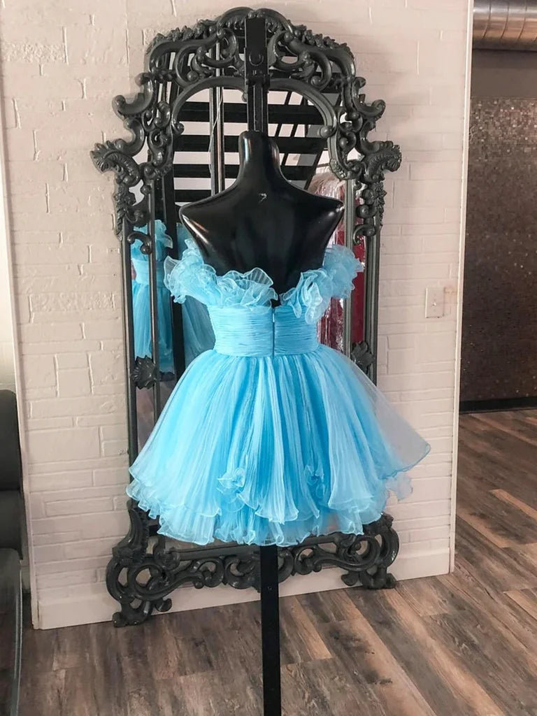 Strapless Short Pleated Blue Ruffle Tiered Homecoming Dresses  P2306