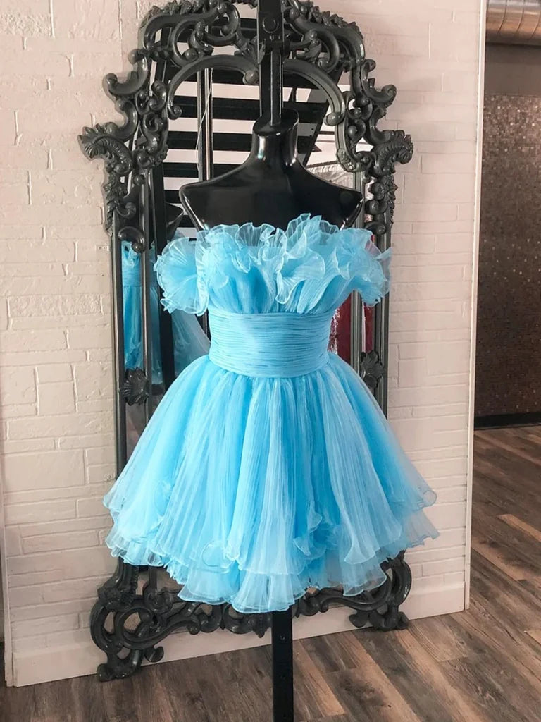 Strapless Short Pleated Blue Ruffle Tiered Homecoming Dresses  P2306