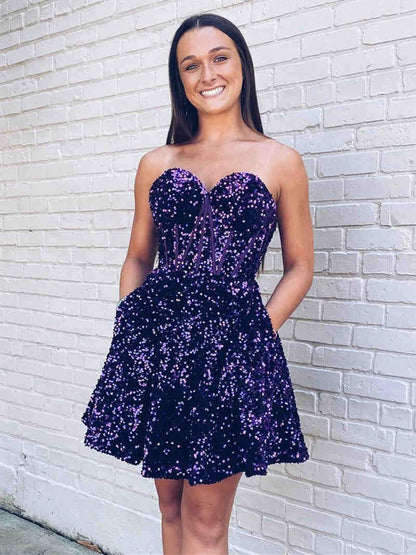 Strapless Short Royal Blue Sequins Homecoming Dress  P2325