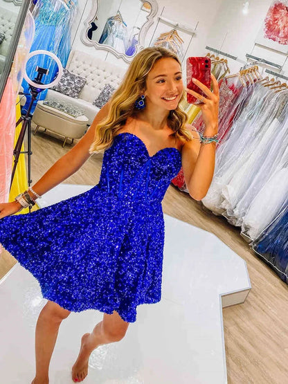 Strapless Short Royal Blue Sequins Homecoming Dress  P2325