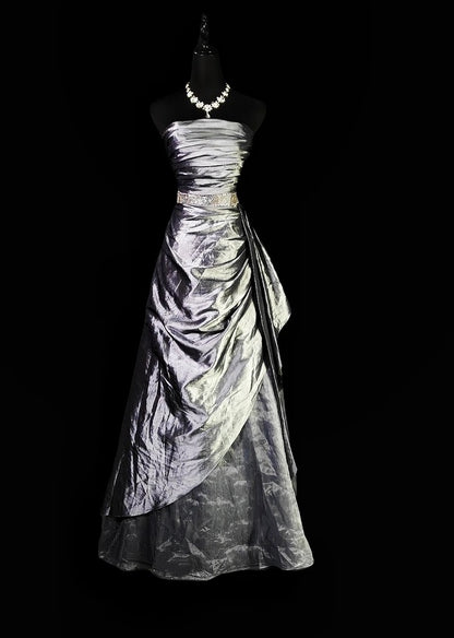Strapless Silver Satin Prom Dress Formal Evening Dress   P1783