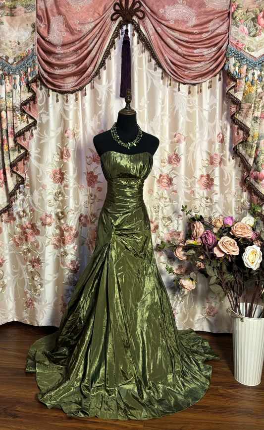 Strapless Taffeta Green Prom Dress Vintage Formal Dress  P1123