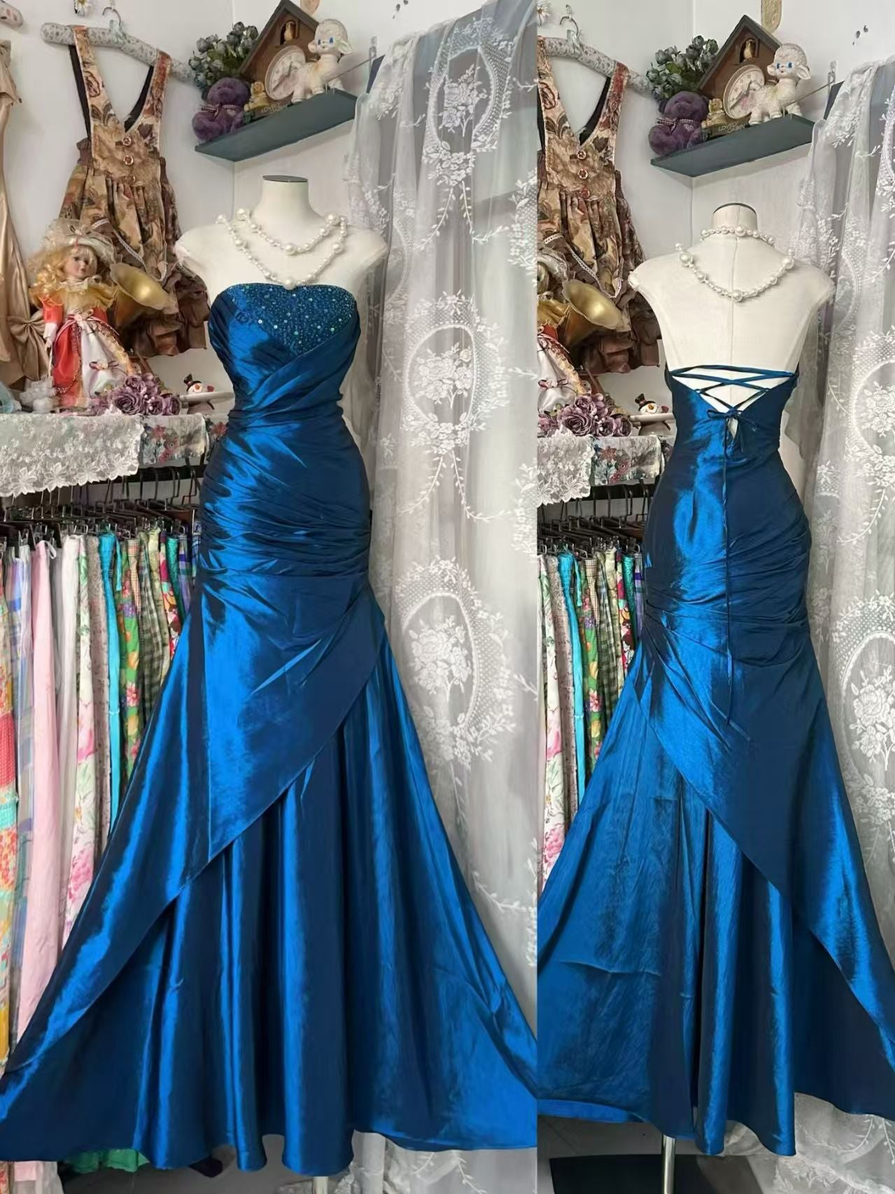 Strapless Royal Blue Mermaid Formal Prom Dress Retro Evening Gown   P1925