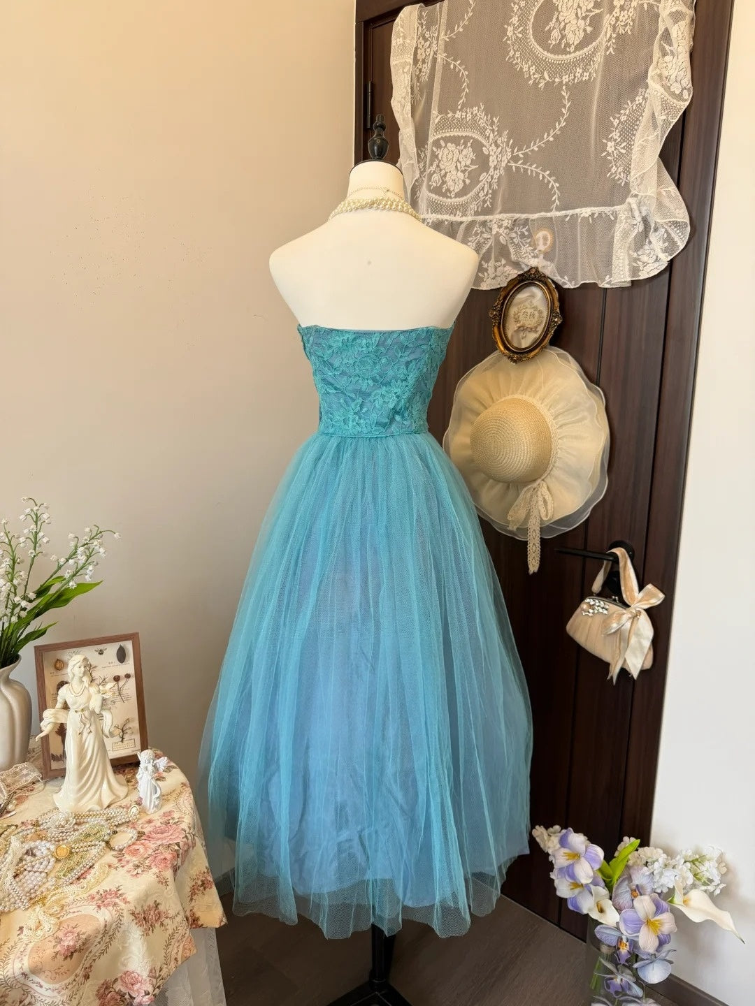 Strapless Tulle A Line Formal Prom Dress Lace Evening Gown  P1818