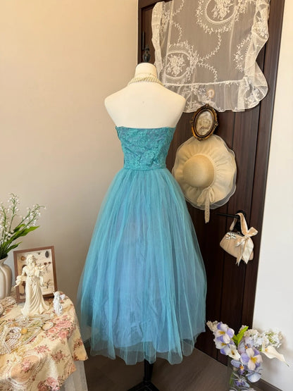 Strapless Tulle A Line Formal Prom Dress Lace Evening Gown  P1818