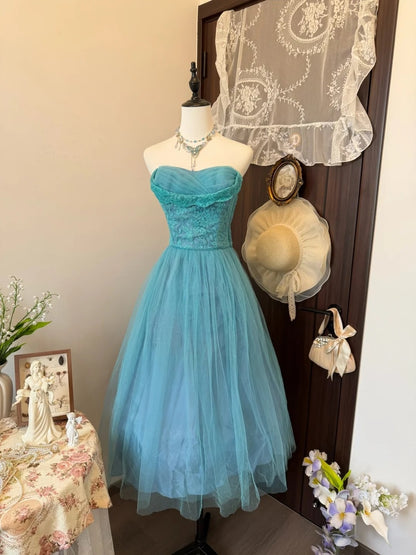 Strapless Tulle A Line Formal Prom Dress Lace Evening Gown  P1818