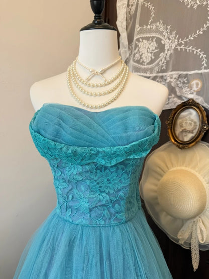 Strapless Tulle A Line Formal Prom Dress Lace Evening Gown  P1818