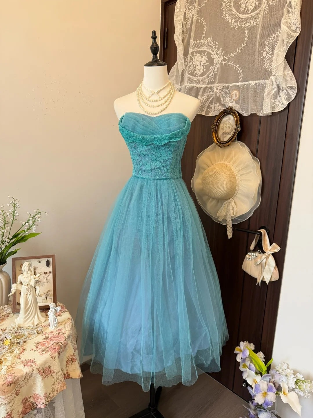 Strapless Tulle A Line Formal Prom Dress Lace Evening Gown  P1818