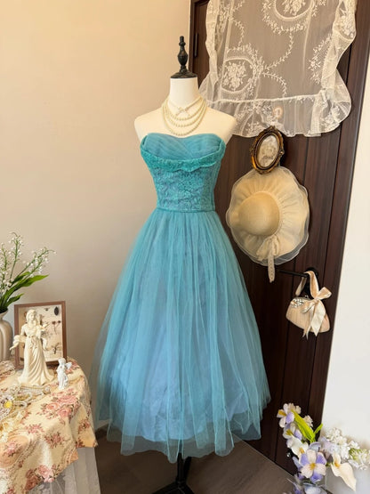 Strapless Tulle A Line Formal Prom Dress Lace Evening Gown  P1818