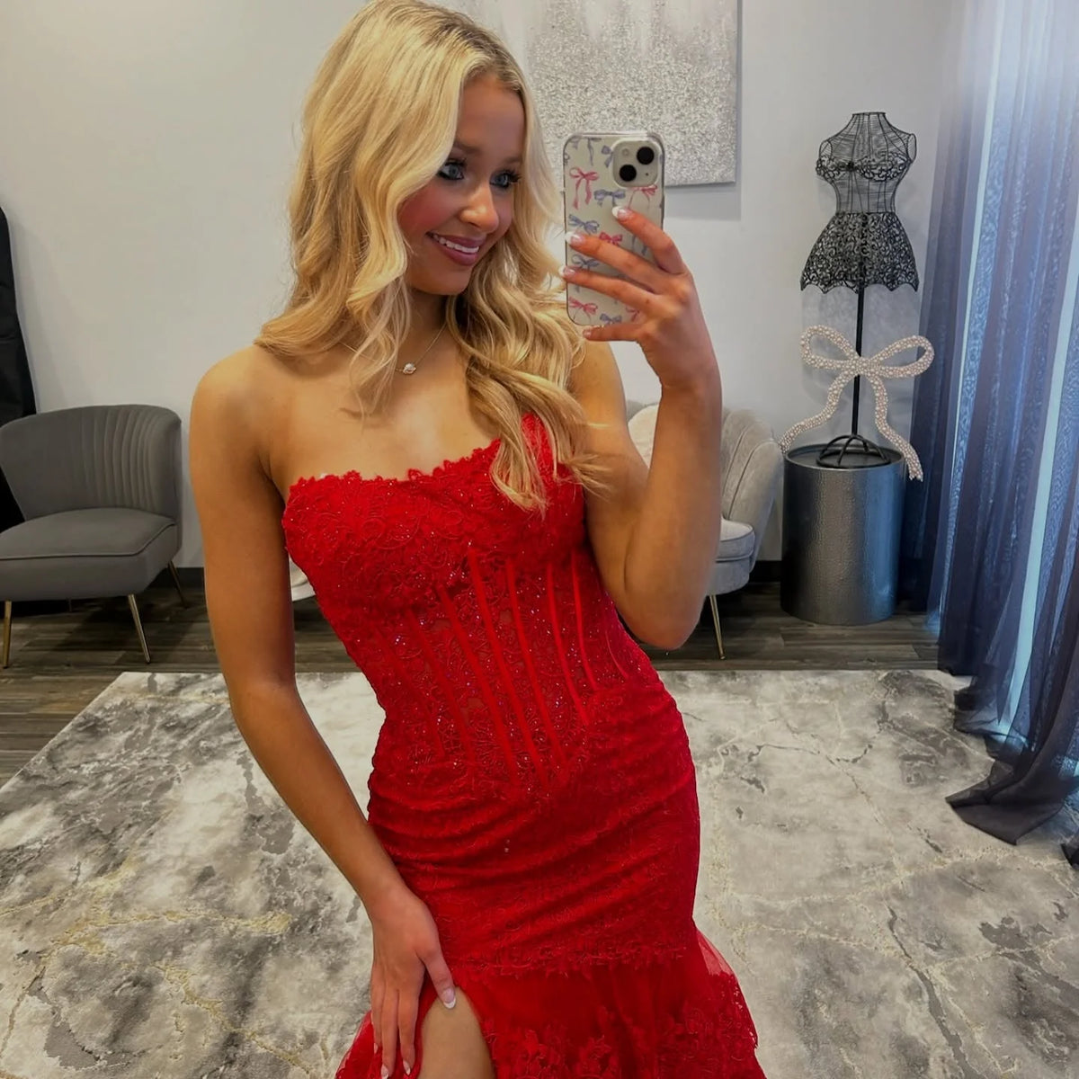 Strapless Tulle Lace Appliqued Tiered Mermaid Long Prom Dresses With Slit  P2559