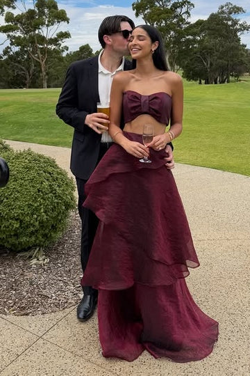 Strapless Two Pieces A-Line Burgundy Formal Wedding Guest Prom Dress  P1019