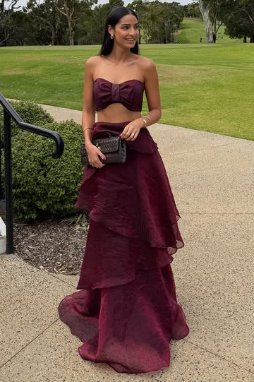 Strapless Two Pieces A-Line Burgundy Formal Wedding Guest Prom Dress  P1019