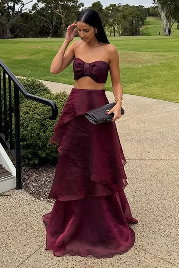 Strapless Two Pieces A-Line Burgundy Formal Wedding Guest Prom Dress  P1019