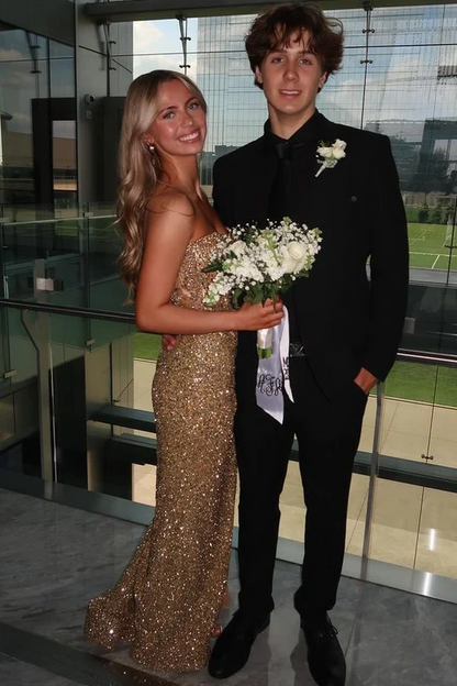 Strapless V-Neck Sequins Mermaid Gold Long Prom Dress  P852