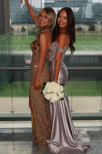 Strapless V-Neck Sequins Mermaid Gold Long Prom Dress  P852