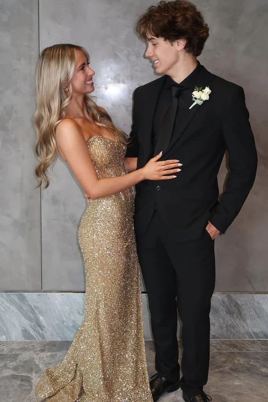 Strapless V-Neck Sequins Mermaid Gold Long Prom Dress  P852