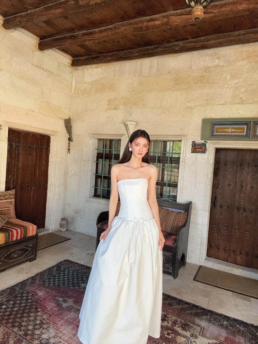 Strapless White A Line Birthday Dress Simple Wedding Dress with Bow  P765
