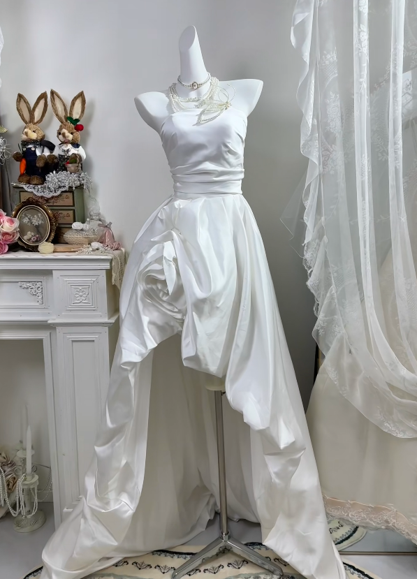 Strapless White A Line Wedding Dress Elegant Bride Dress  P1884