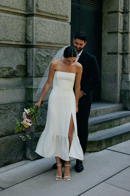 Strapless White A Line Wedding Dress With Slit   P1225