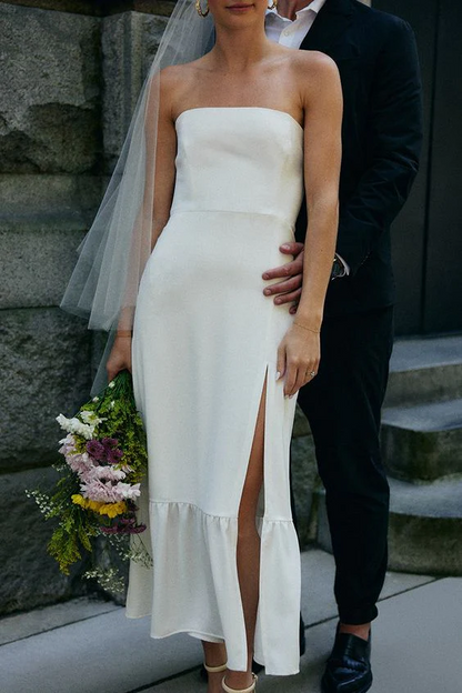 Strapless White A Line Wedding Dress With Slit   P1225