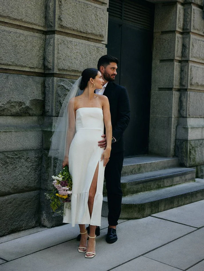 Strapless White A Line Wedding Dress With Slit   P1225