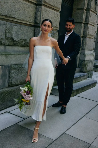 Strapless White A Line Wedding Dress With Slit   P1225