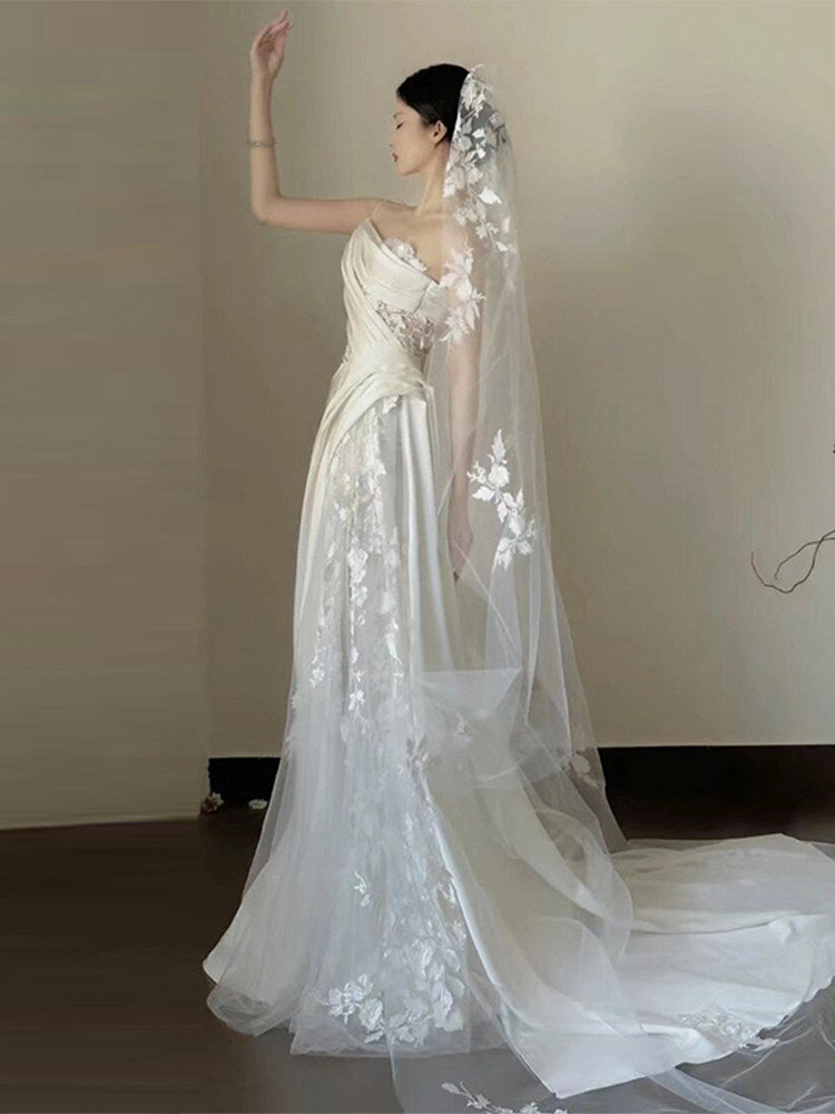 Strapless White A Line Wedding Dress for Bridal Formal Evening Gown with Appliques  P791