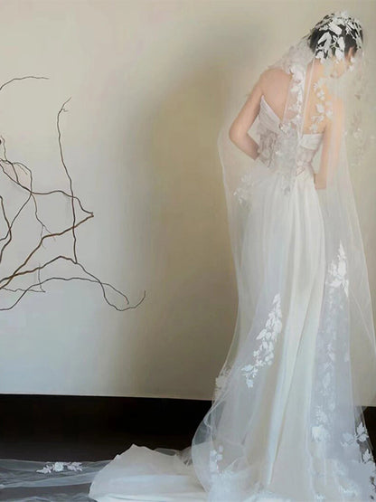 Strapless White A Line Wedding Dress for Bridal Formal Evening Gown with Appliques  P791