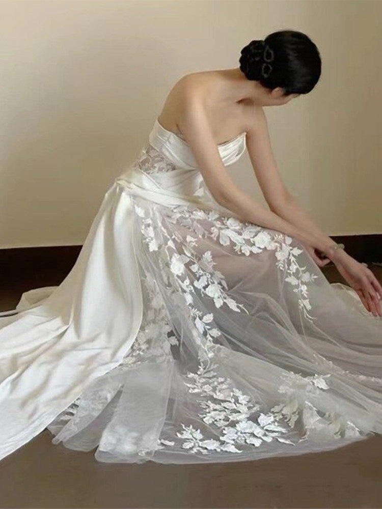 Strapless White A Line Wedding Dress for Bridal Formal Evening Gown with Appliques  P791
