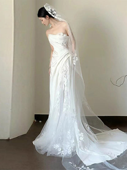 Strapless White A Line Wedding Dress for Bridal Formal Evening Gown with Appliques  P791