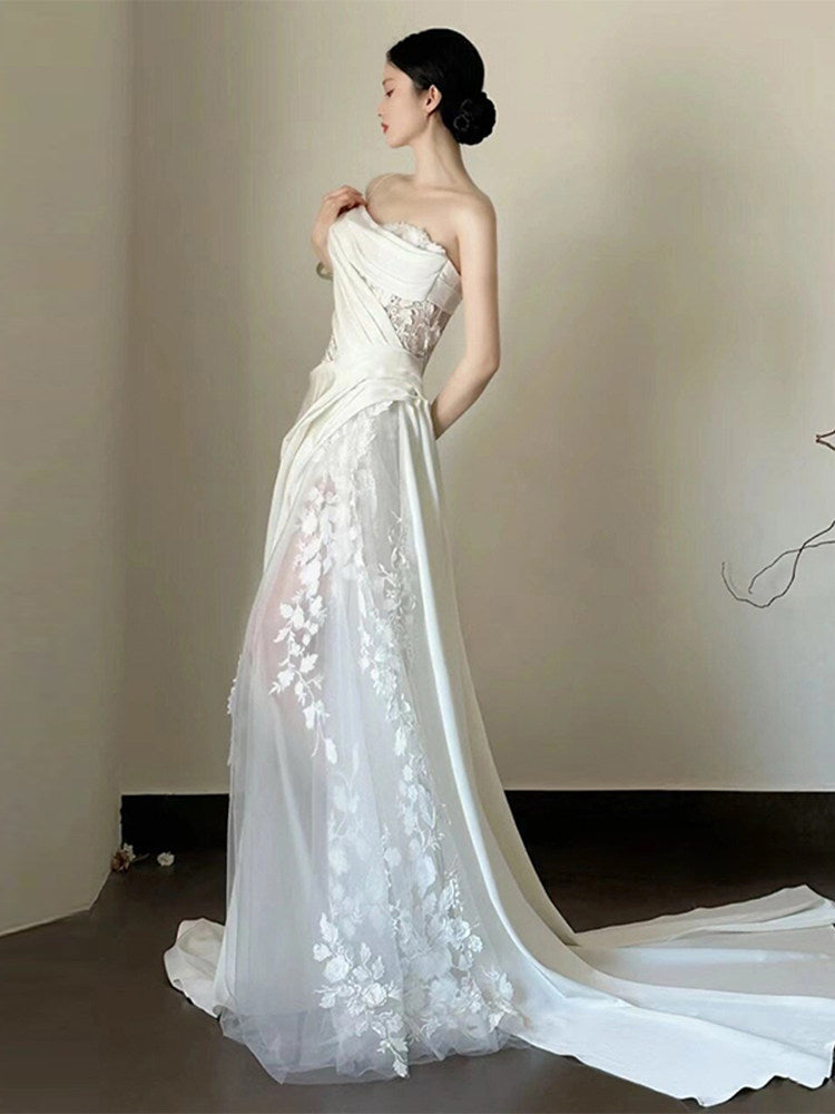 Strapless White A Line Wedding Dress for Bridal Formal Evening Gown with Appliques  P791
