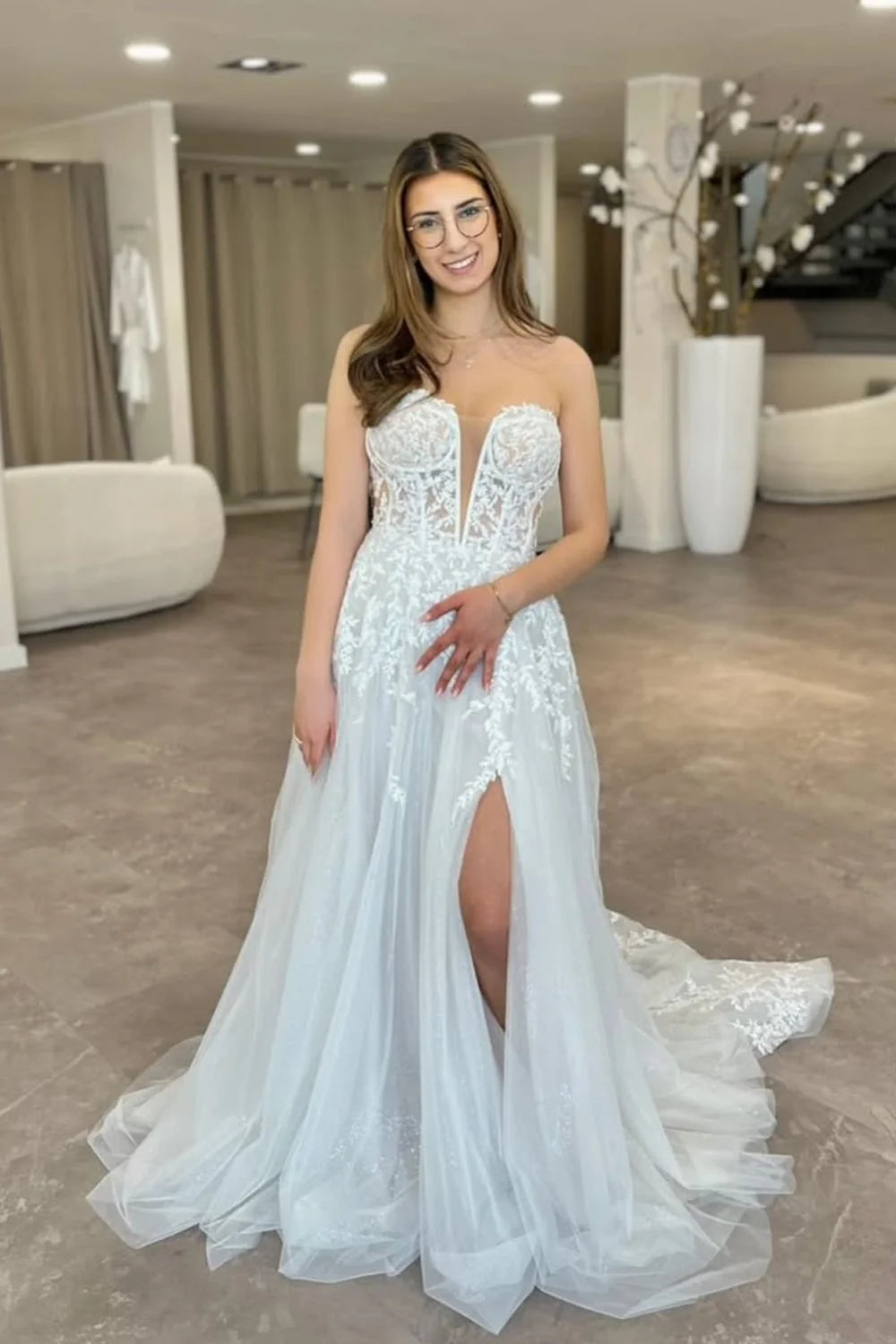 Strapless White Appliques A Line Tulle Wedding Dress  P2466