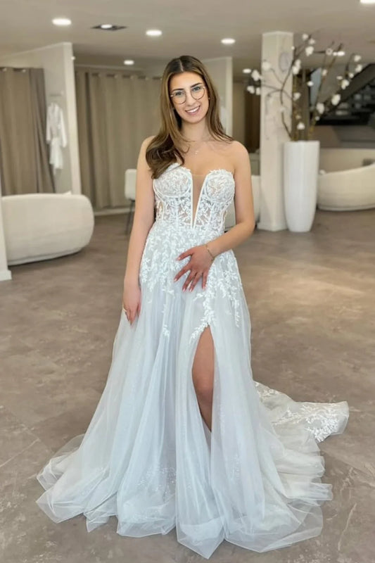 Strapless White Appliques A Line Tulle Wedding Dress  P2466