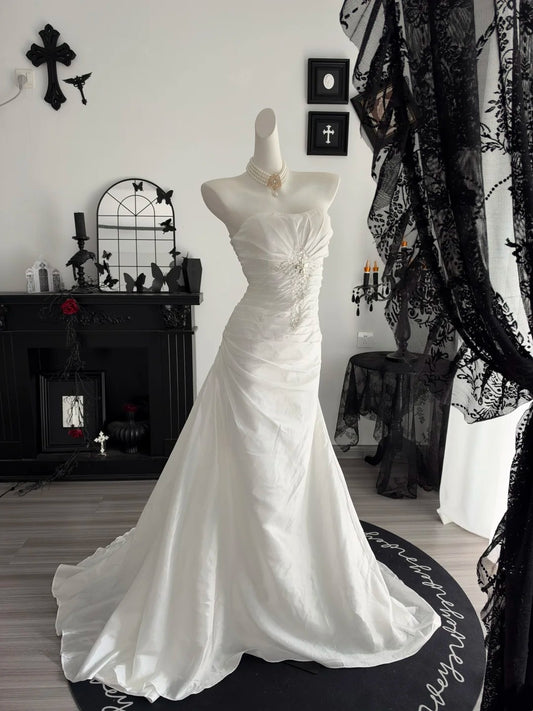 Strapless White Mermaid Retro Wedding Dress Beaded Evening Gown  P2637