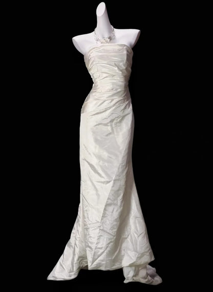 Strapless White Mermaid Satin Wedding Dress Long Evening Dress  P1846