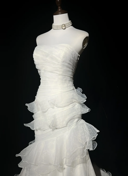 Strapless White Mermaid Wedding Dress For Bridal Ruffled Evening Dress P872