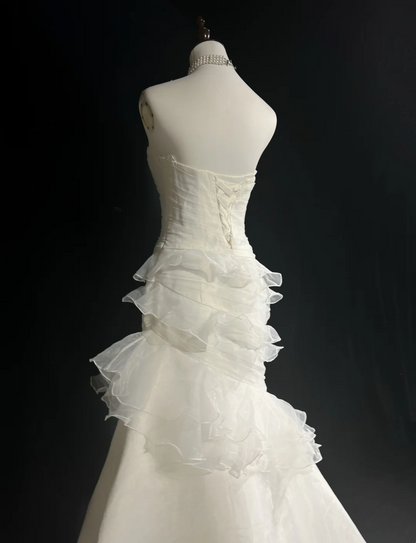 Strapless White Mermaid Wedding Dress For Bridal Ruffled Evening Dress P872