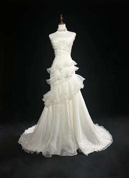 Strapless White Mermaid Wedding Dress For Bridal Ruffled Evening Dress P872