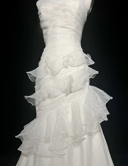 Strapless White Mermaid Wedding Dress For Bridal Ruffled Evening Dress P872
