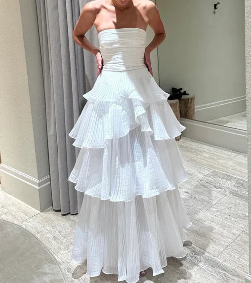 Strapless White Pleated A Line Prom Dress Layered Wedding Dress  P915