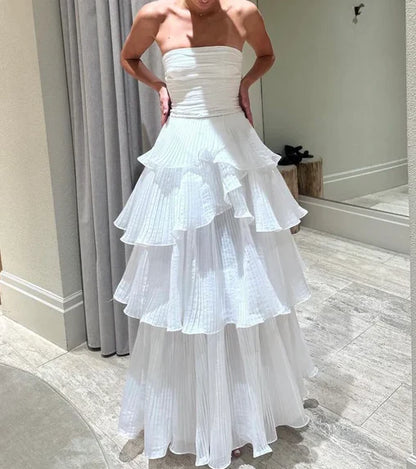 Strapless White Pleated A Line Prom Dress Layered Wedding Dress  P915