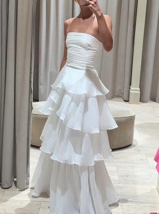 Strapless White Pleated A Line Prom Dress Layered Wedding Dress  P915