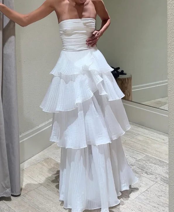 Strapless White Pleated A Line Prom Dress Layered Wedding Dress  P915