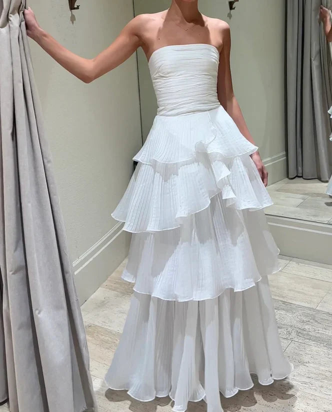 Strapless White Pleated A Line Prom Dress Layered Wedding Dress  P915
