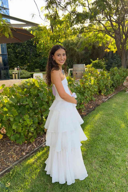 Strapless White Pleated Layered Wedding Dress Formal Dress  P2462