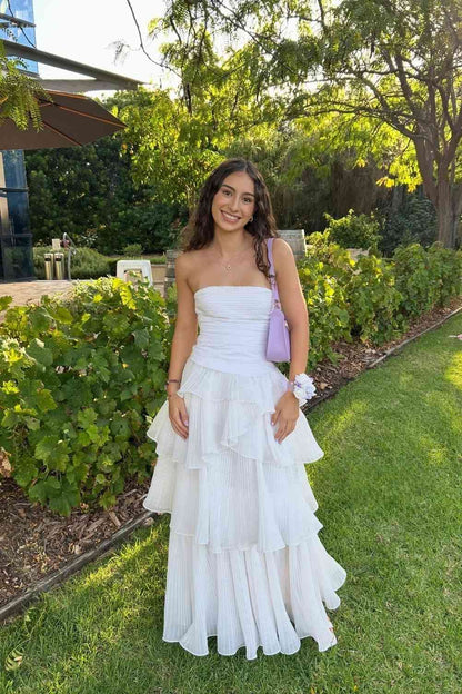 Strapless White Pleated Layered Wedding Dress Formal Dress  P2462
