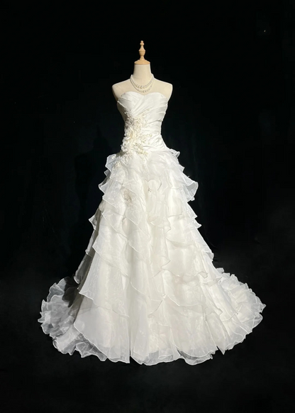 Strapless White Ruffled A Line Wedding Dress Formal Prom Dress P875