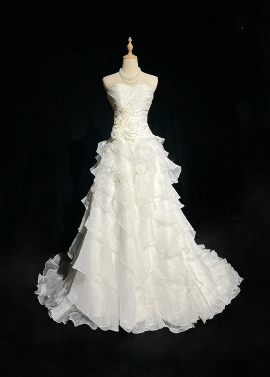 Strapless White Ruffled A Line Wedding Dress Formal Prom Dress P875