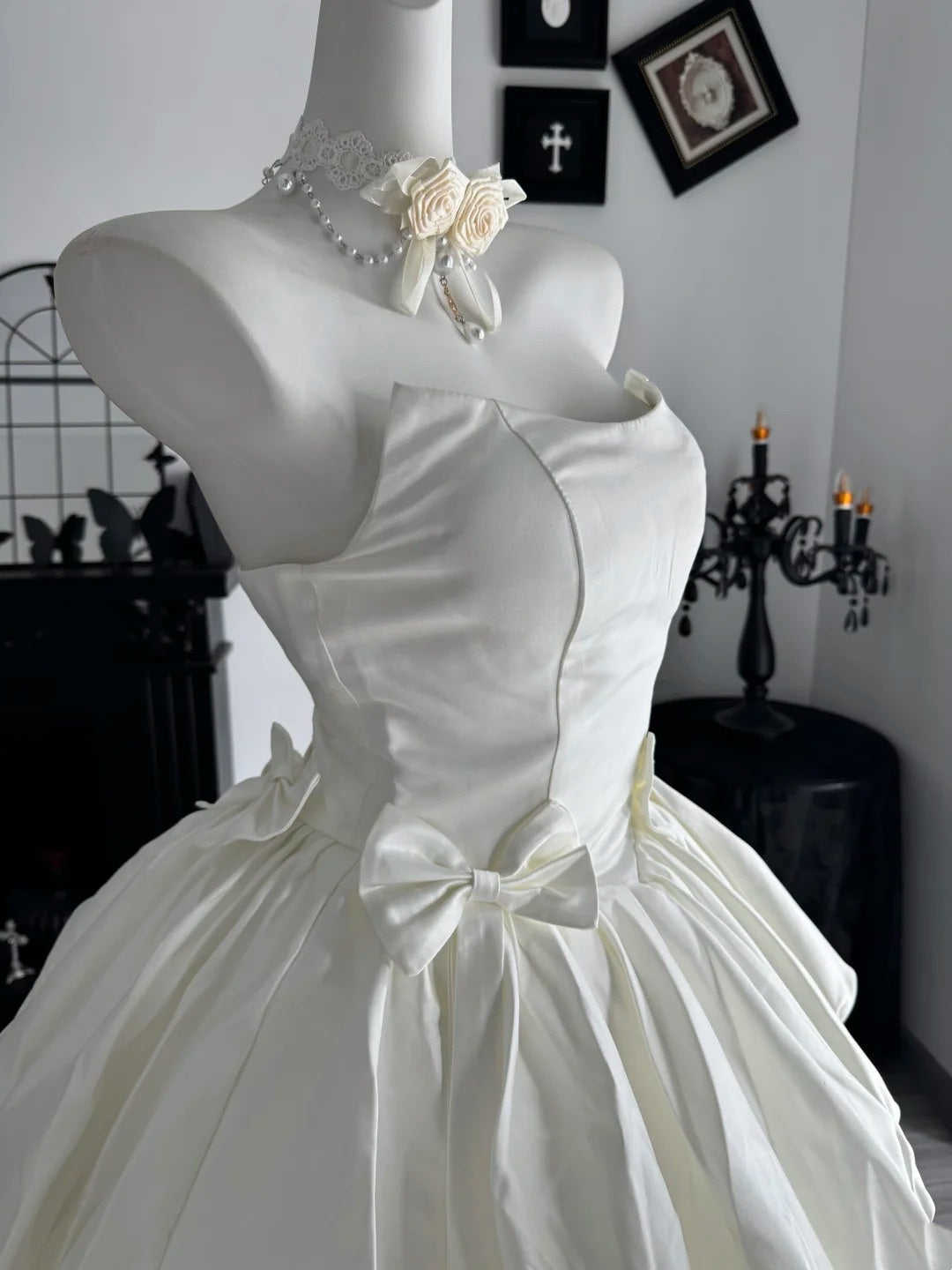 Strapless White Satin Birthday Dress With Bow Knots  P2672
